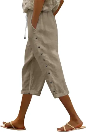 Capri Linen Pants for Women Drawstring Capri Pants with Pockets Wide Leg Cropped Pants for Capri Linen Pants for