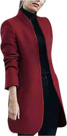 Cardigan for Women Solid Color Long Wool Coat Fashion Lapel Warm Trench Jacket Long Sleeve Overcoat Outerwear