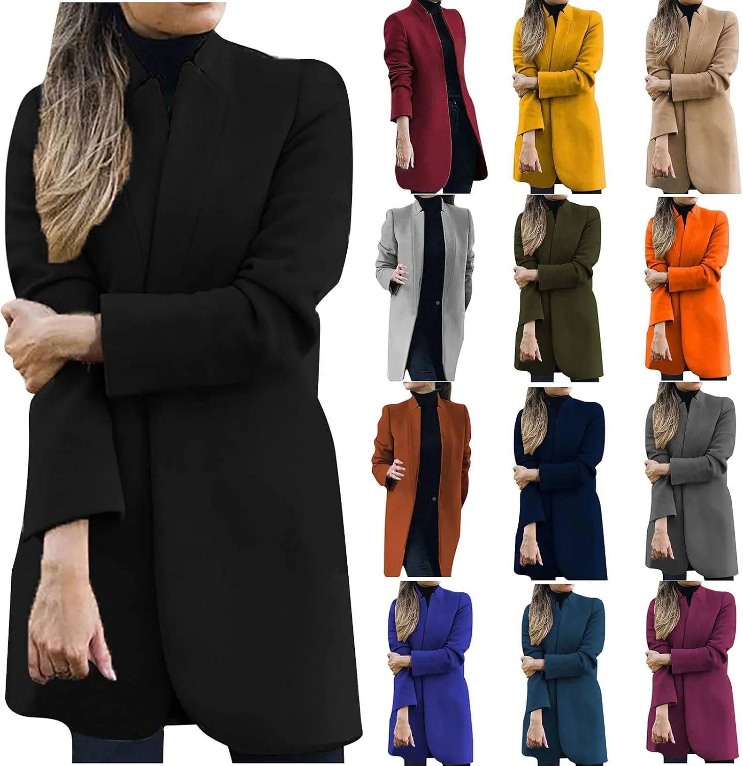 Cardigan for Women Solid Color Long Wool Coat Fashion Lapel Warm Trench Jacket Long Sleeve Overcoat Outerwear
