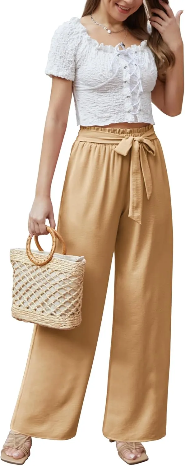 Feiersi Women Casual Wide Leg Pants High Waisted Business Work Casual Pants Loose Flowy Beach Palazzo Pants