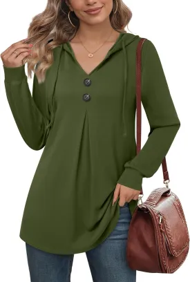 Lotusmile Women's Long Sleeve Hooded Tunic Tops Button Swing Pullover Hoodie Sweatshirts