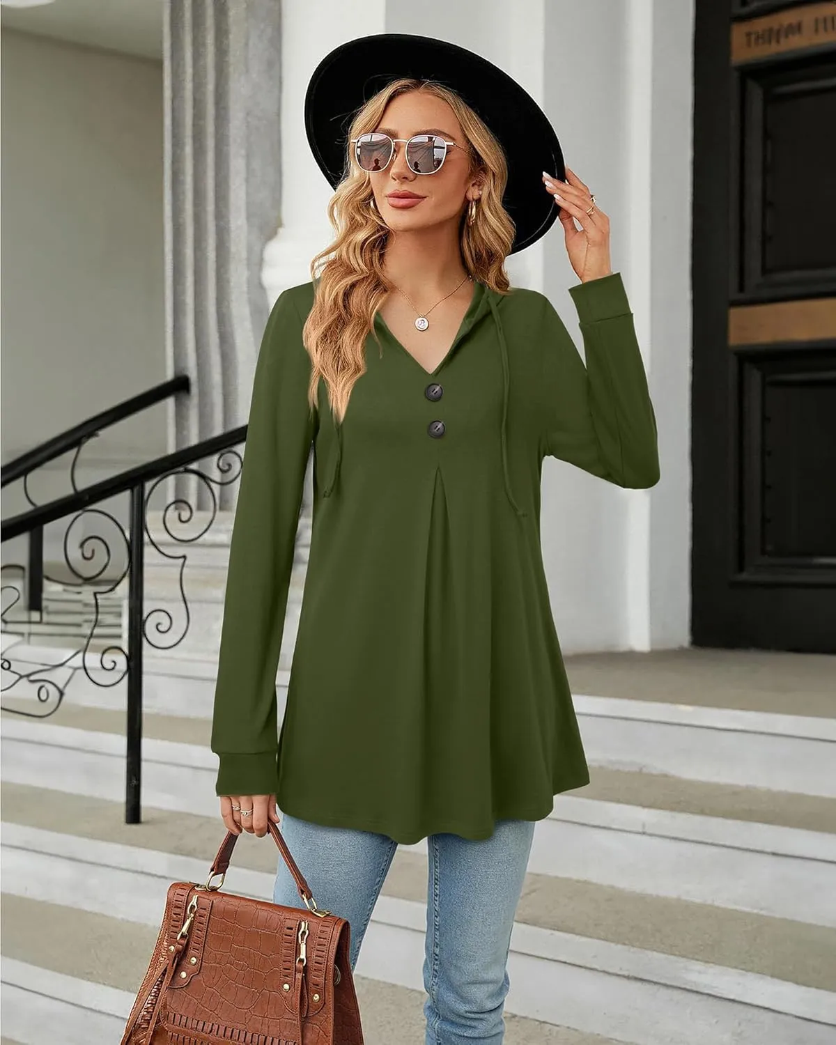 Lotusmile Women's Long Sleeve Hooded Tunic Tops Button Swing Pullover Hoodie Sweatshirts