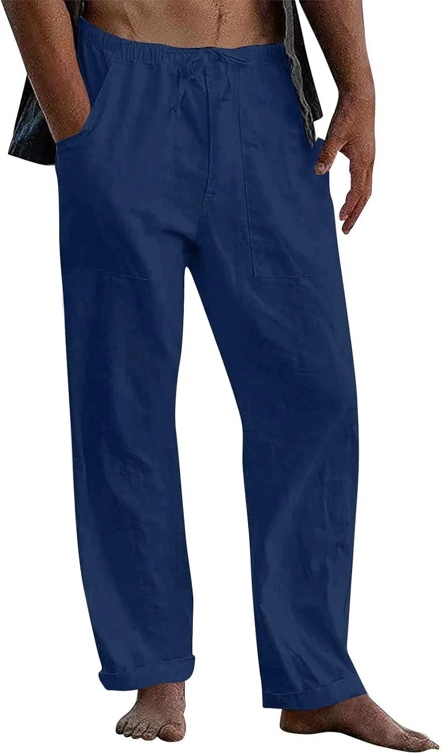 Mens Casual Cotton Linen Pants Elastic Waist Linen Pants Drawstring Summer Beach Yoga Soft Trouser
