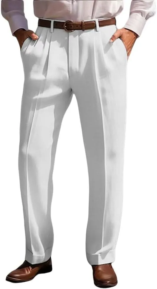 Mens Linen Leisure Dress Pants Pleated Summer Casual Pants Loose Fit Breathable Beach Vacation Pants Long