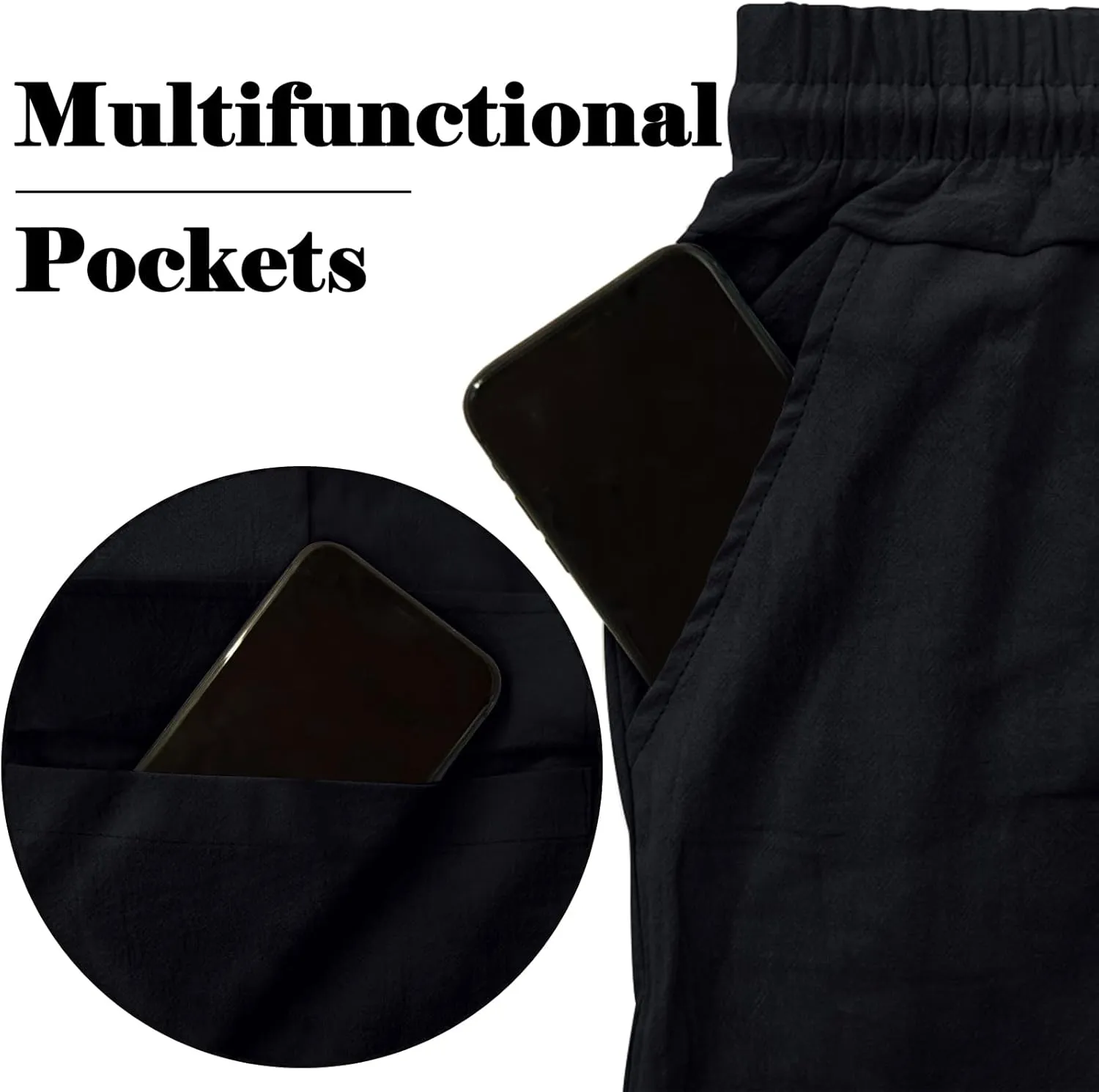 Mens Linen Pants Casual Summer Beach Pants Lightweight Drawstring Yoga Trousers Vacation Cargo Pants with Pockets