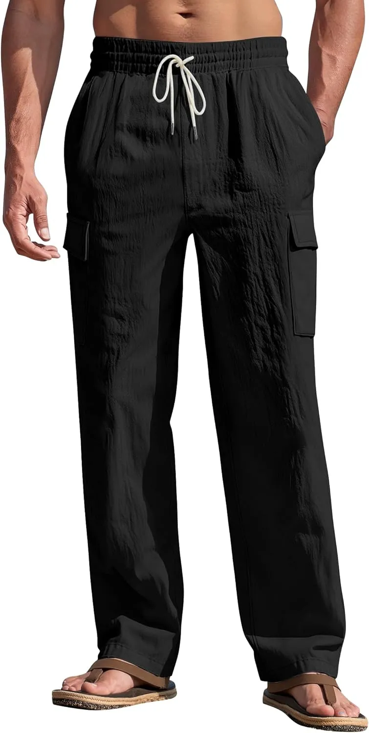 Mens Linen Pants Casual Summer Beach Pants Lightweight Drawstring Yoga Trousers Vacation Cargo Pants with Pockets