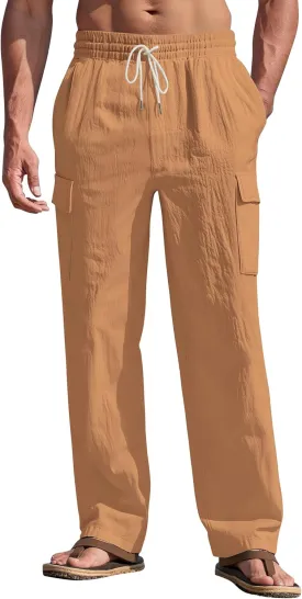 Mens Linen Pants Casual Summer Beach Pants Lightweight Drawstring Yoga Trousers Vacation Cargo Pants with Pockets