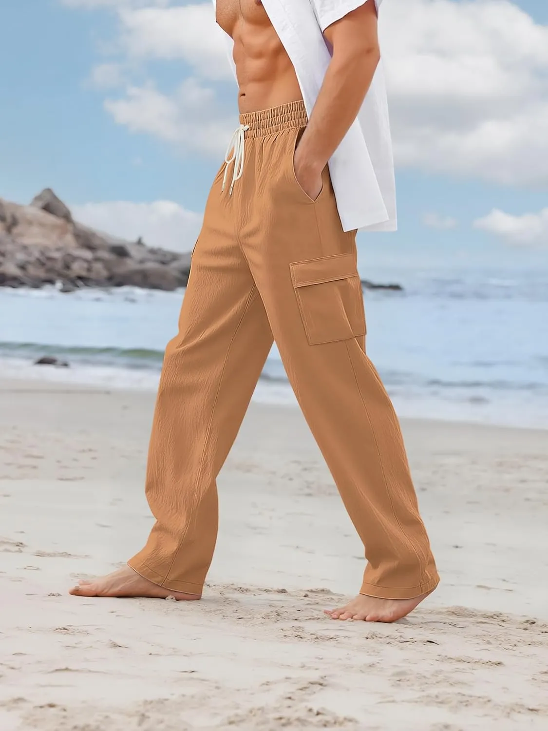 Mens Linen Pants Casual Summer Beach Pants Lightweight Drawstring Yoga Trousers Vacation Cargo Pants with Pockets