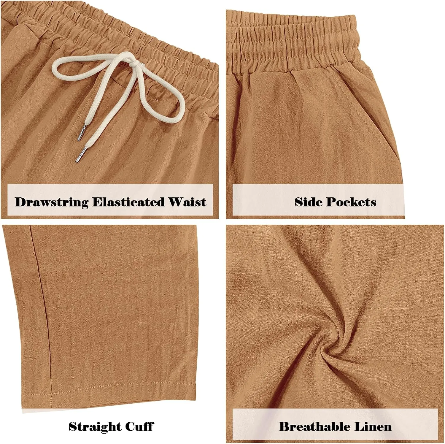 Mens Linen Pants Casual Summer Beach Pants Lightweight Drawstring Yoga Trousers Vacation Cargo Pants with Pockets
