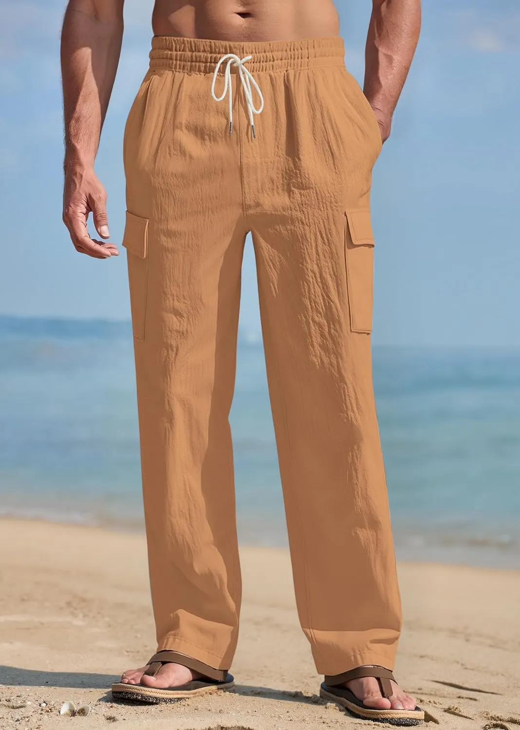 Mens Linen Pants Casual Summer Beach Pants Lightweight Drawstring Yoga Trousers Vacation Cargo Pants with Pockets