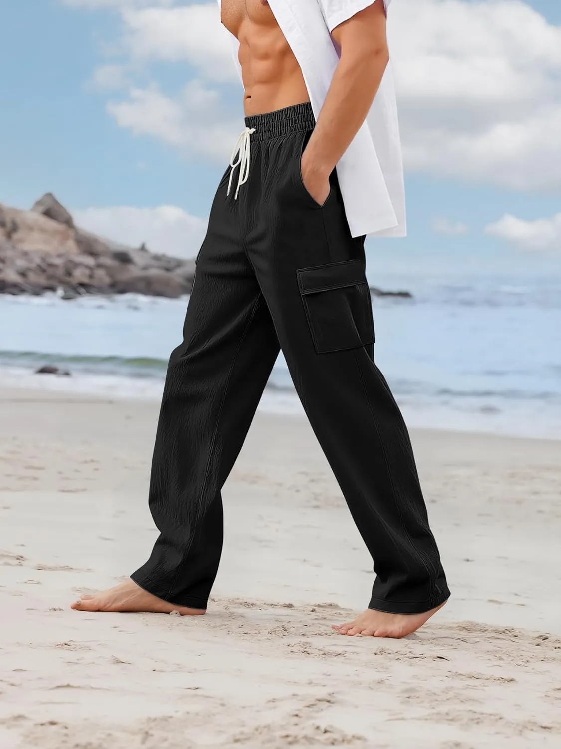 Mens Linen Pants Casual Summer Beach Pants Lightweight Drawstring Yoga Trousers Vacation Cargo Pants with Pockets