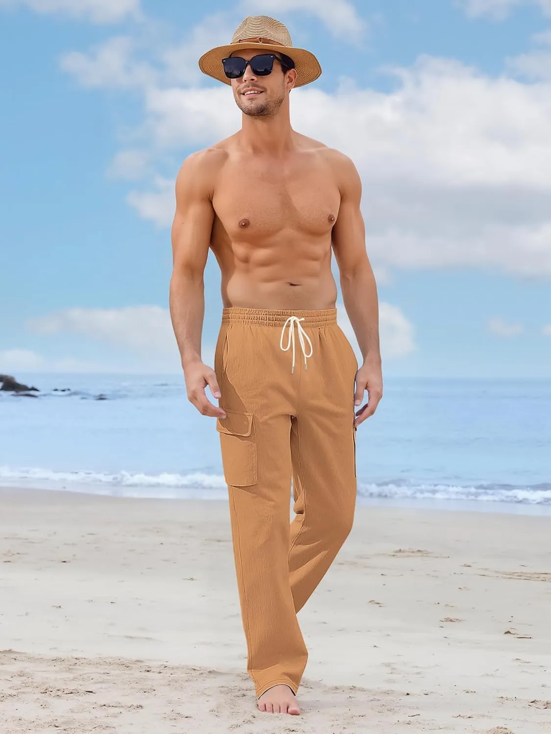 Mens Linen Pants Casual Summer Beach Pants Lightweight Drawstring Yoga Trousers Vacation Cargo Pants with Pockets
