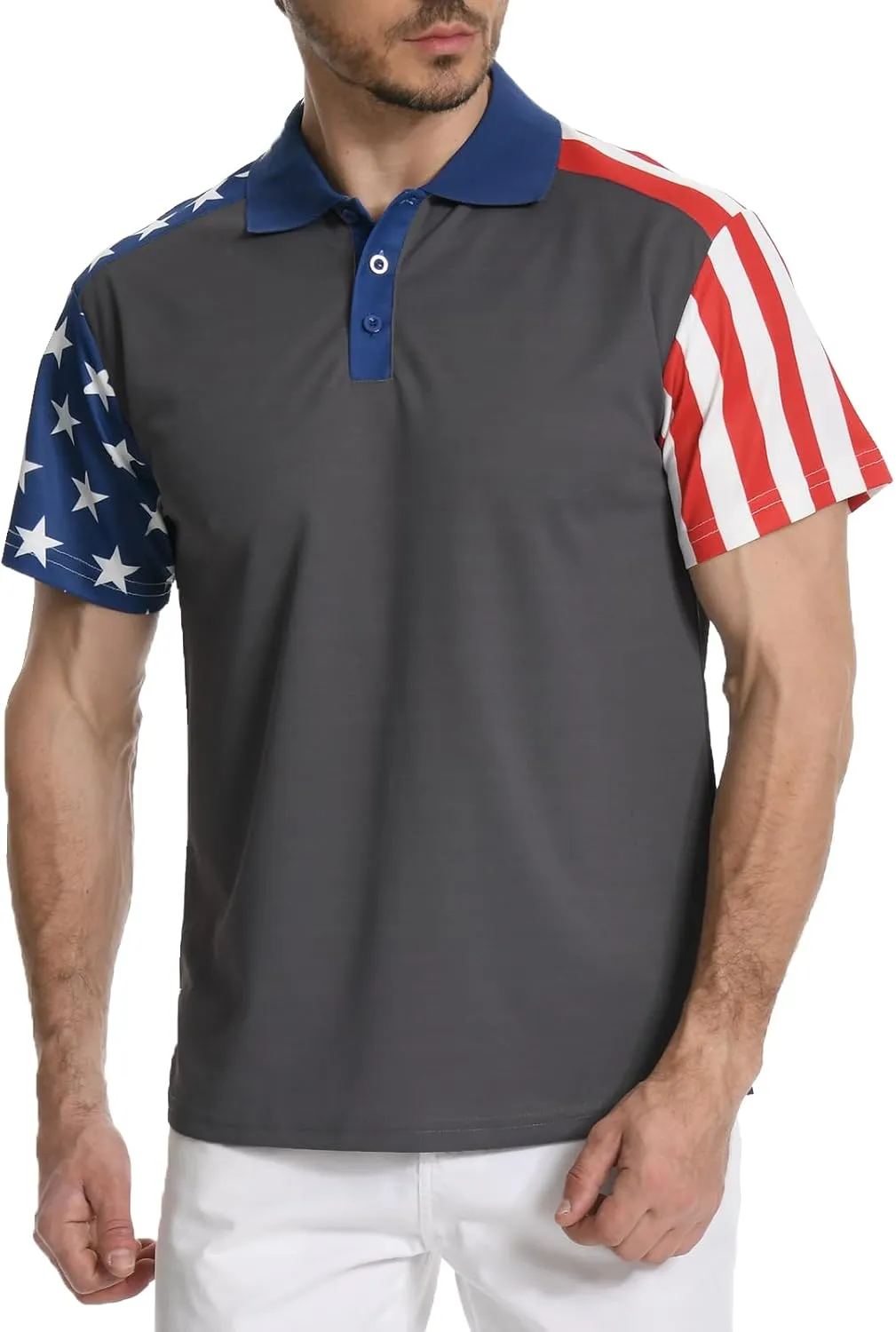 Men's Polo Shirt Short Sleeve Quick Dry American Flag Print Graphic Split Color Golf Shirt for Sport