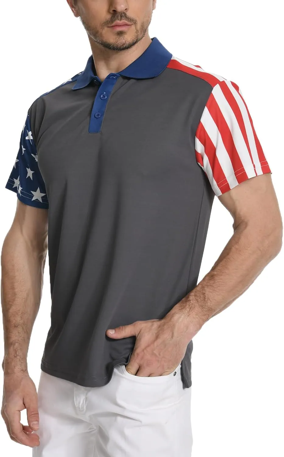 Men's Polo Shirt Short Sleeve Quick Dry American Flag Print Graphic Split Color Golf Shirt for Sport