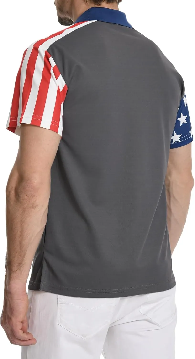 Men's Polo Shirt Short Sleeve Quick Dry American Flag Print Graphic Split Color Golf Shirt for Sport