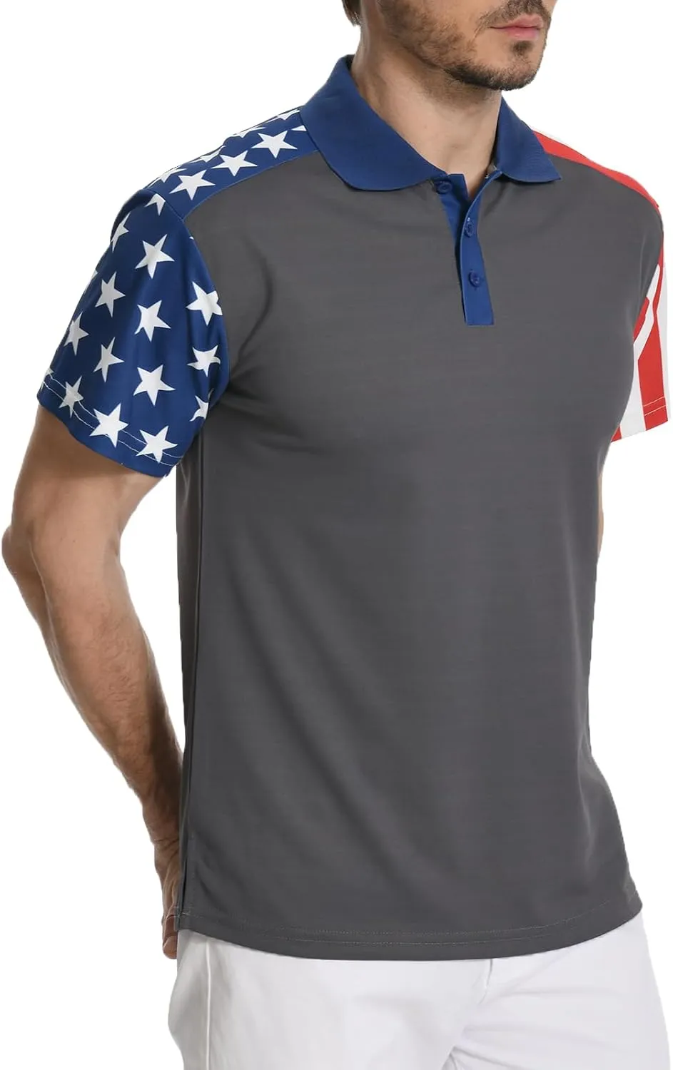 Men's Polo Shirt Short Sleeve Quick Dry American Flag Print Graphic Split Color Golf Shirt for Sport