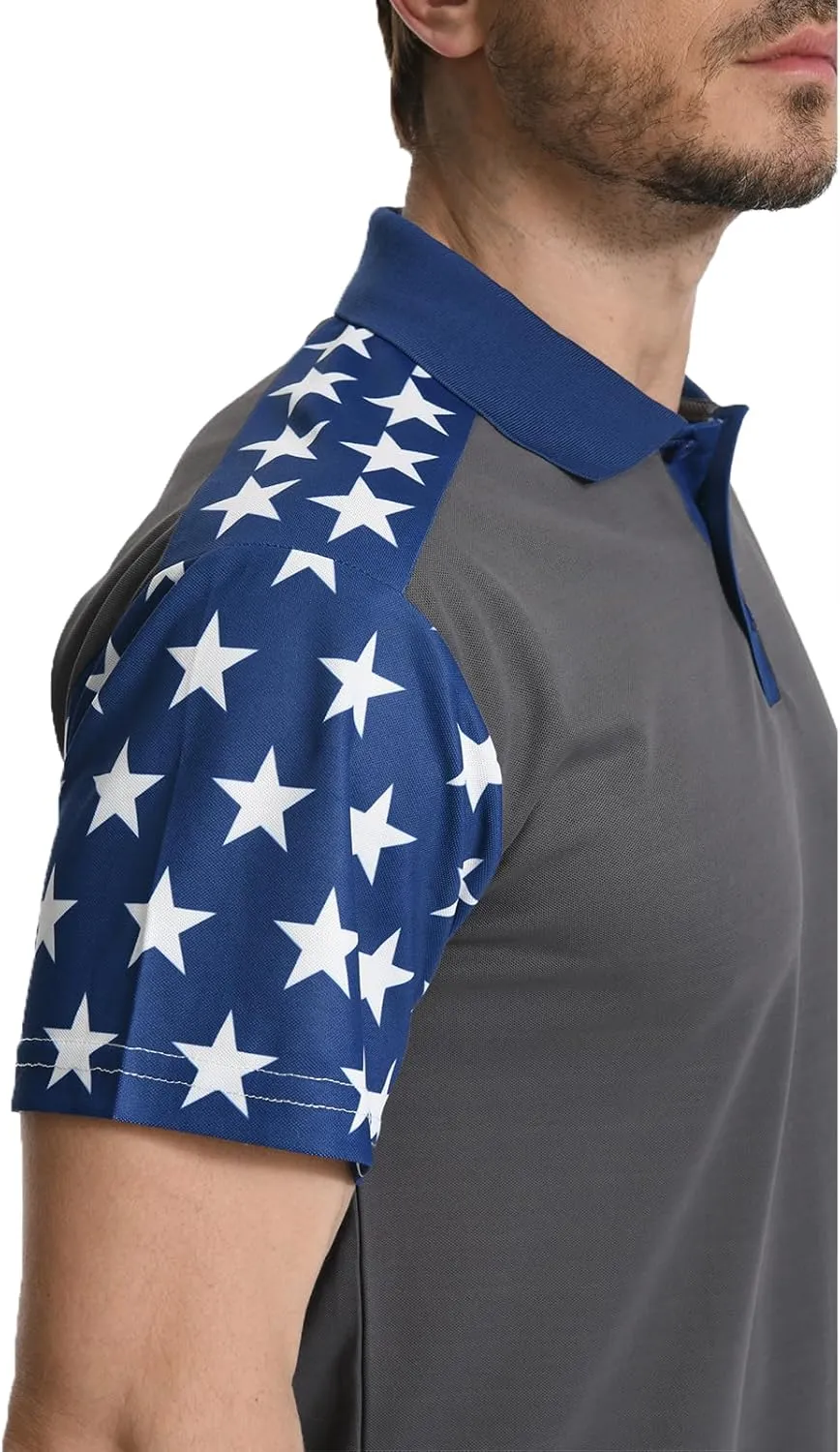 Men's Polo Shirt Short Sleeve Quick Dry American Flag Print Graphic Split Color Golf Shirt for Sport