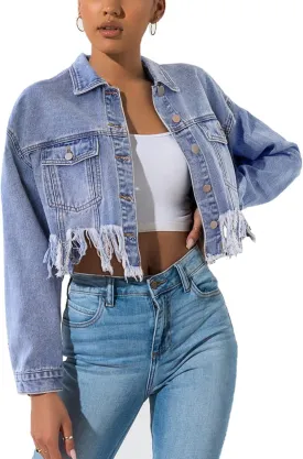 Perbai Womens Jean Jacket Fringed Frayed Hem Button Down Cropped Denim Jacket