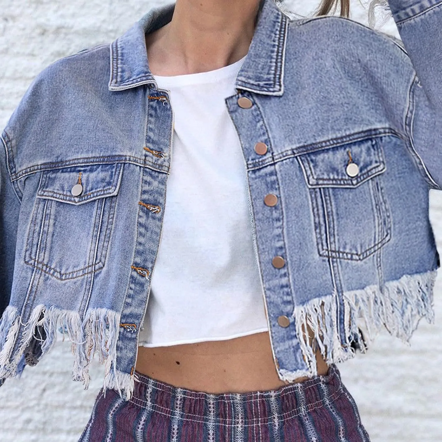 Perbai Womens Jean Jacket Fringed Frayed Hem Button Down Cropped Denim Jacket