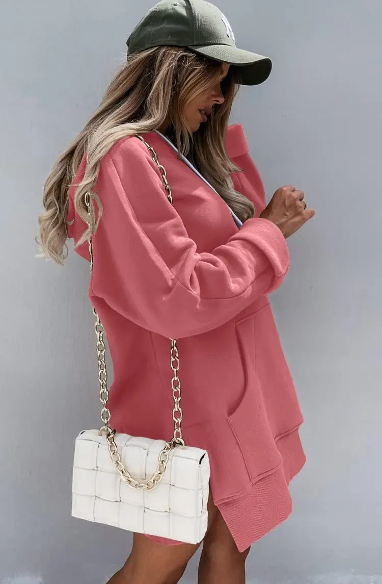 PRETTYGARDEN Women's Casual Pullover Sweatshirt Long Sleeve Split Hem Hoodie Dress with Kangaroo Pocket