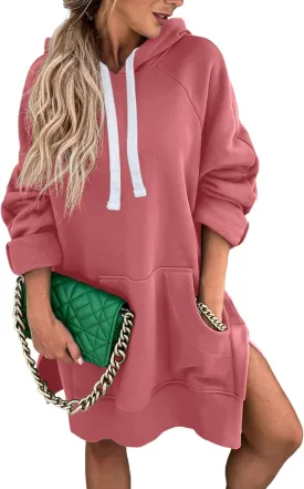 PRETTYGARDEN Women's Casual Pullover Sweatshirt Long Sleeve Split Hem Hoodie Dress with Kangaroo Pocket