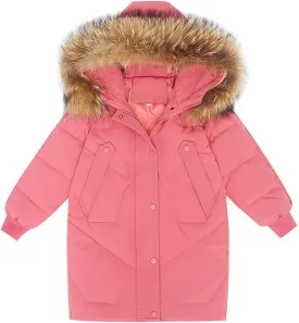 ToddlBy Girls Med-length Parka Winter Coat Thicken Warm Zip Button Padded Coat Furry (Watermelon Red, 11-12 Years) k288