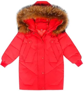 ToddlBy Kids Girls Med-length Parka Winter Coat Zip Button Padded Coat Thicken Warm Furry Collar (Red, 9-10 Years) g281