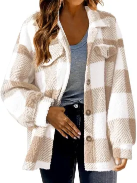 TWGONE Womens Plaid Shacket Jacket Fleece Lapel Button Down Jackets Casual Long Sleeve Flannel Coats Winter Warm Clothes