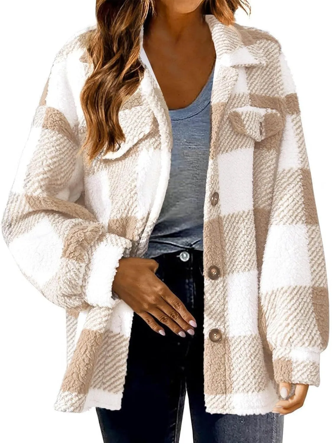 TWGONE Womens Plaid Shacket Jacket Fleece Lapel Button Down Jackets Casual Long Sleeve Flannel Coats Winter Warm Clothes