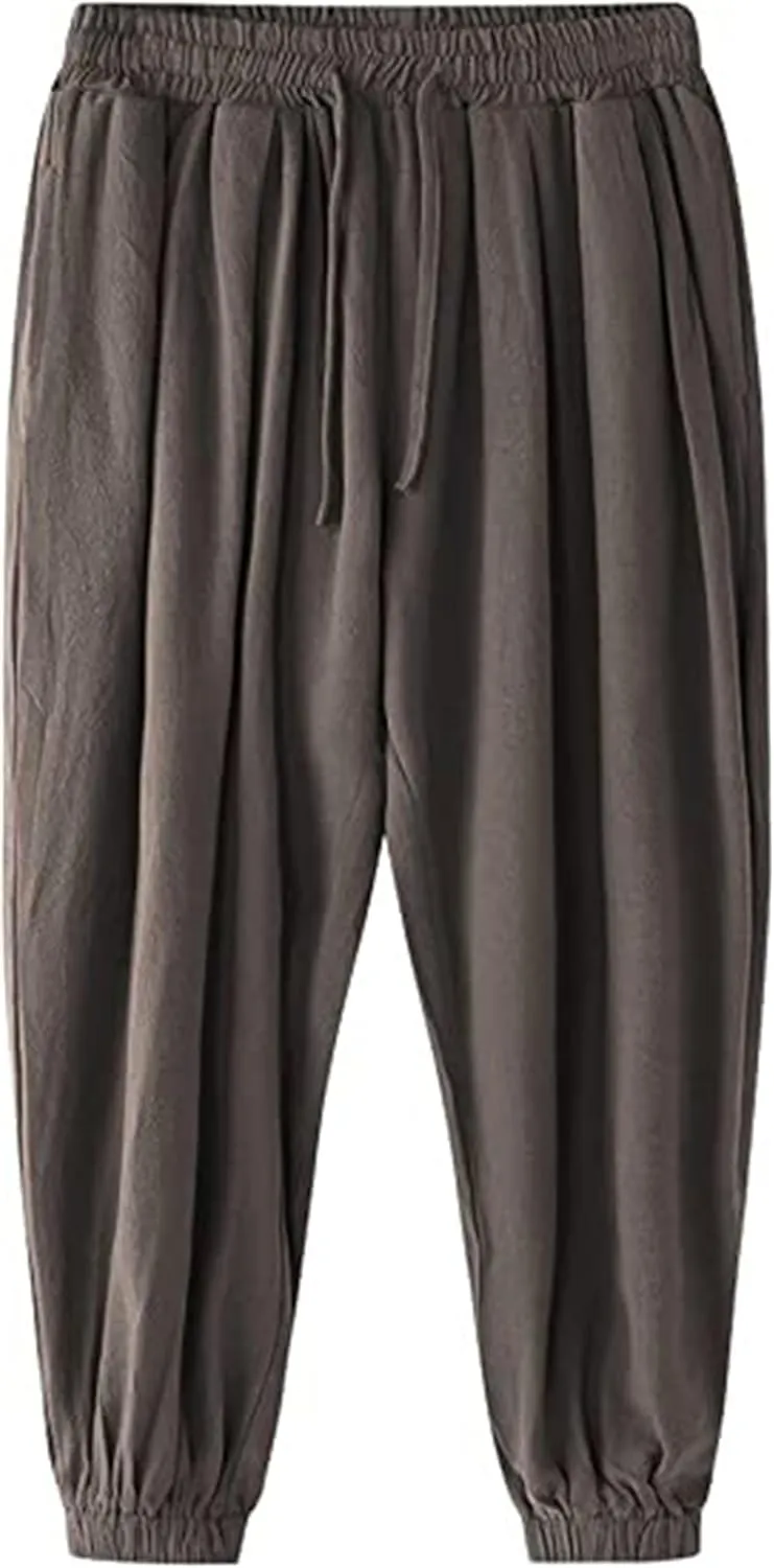 Wankang Men's Cotton Linen Harem Pants Drawstring Casual Bagge Trousers Lightweight Loose Beach Yoga Pants for Men