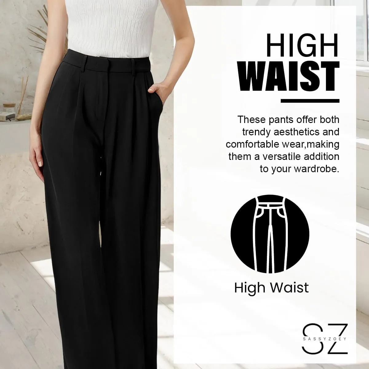 Wide Leg Pants | High Waisted Trousers with Pockets | Comfortable Work Pants | Business Casual Pants