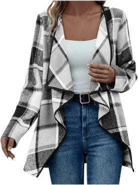 Womens Plaid Shawl Collar Cardigan Sweaters Long Open Front Flannel Jacket Buffalo Plaid Shacket Fashion Fall Outfits