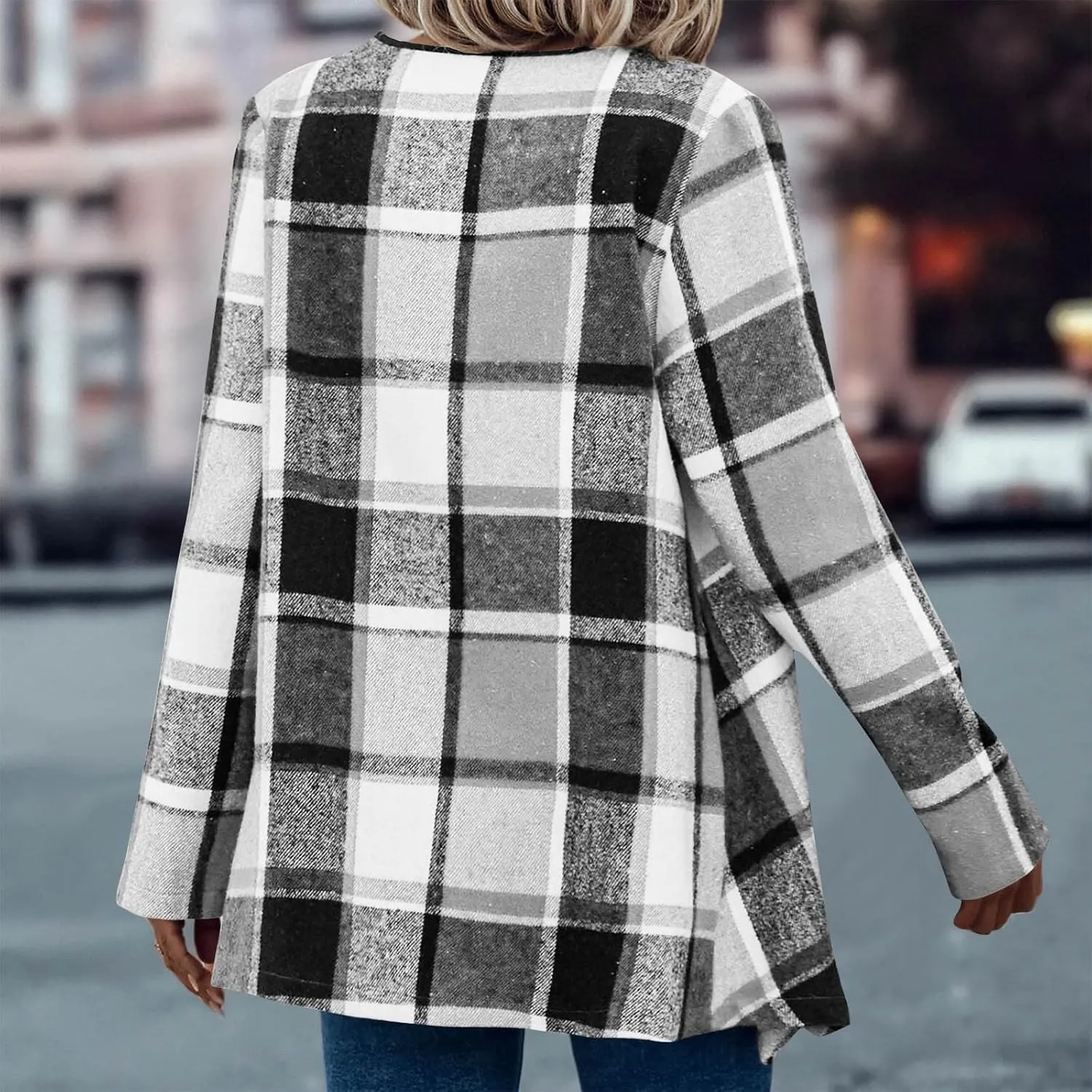 Womens Plaid Shawl Collar Cardigan Sweaters Long Open Front Flannel Jacket Buffalo Plaid Shacket Fashion Fall Outfits