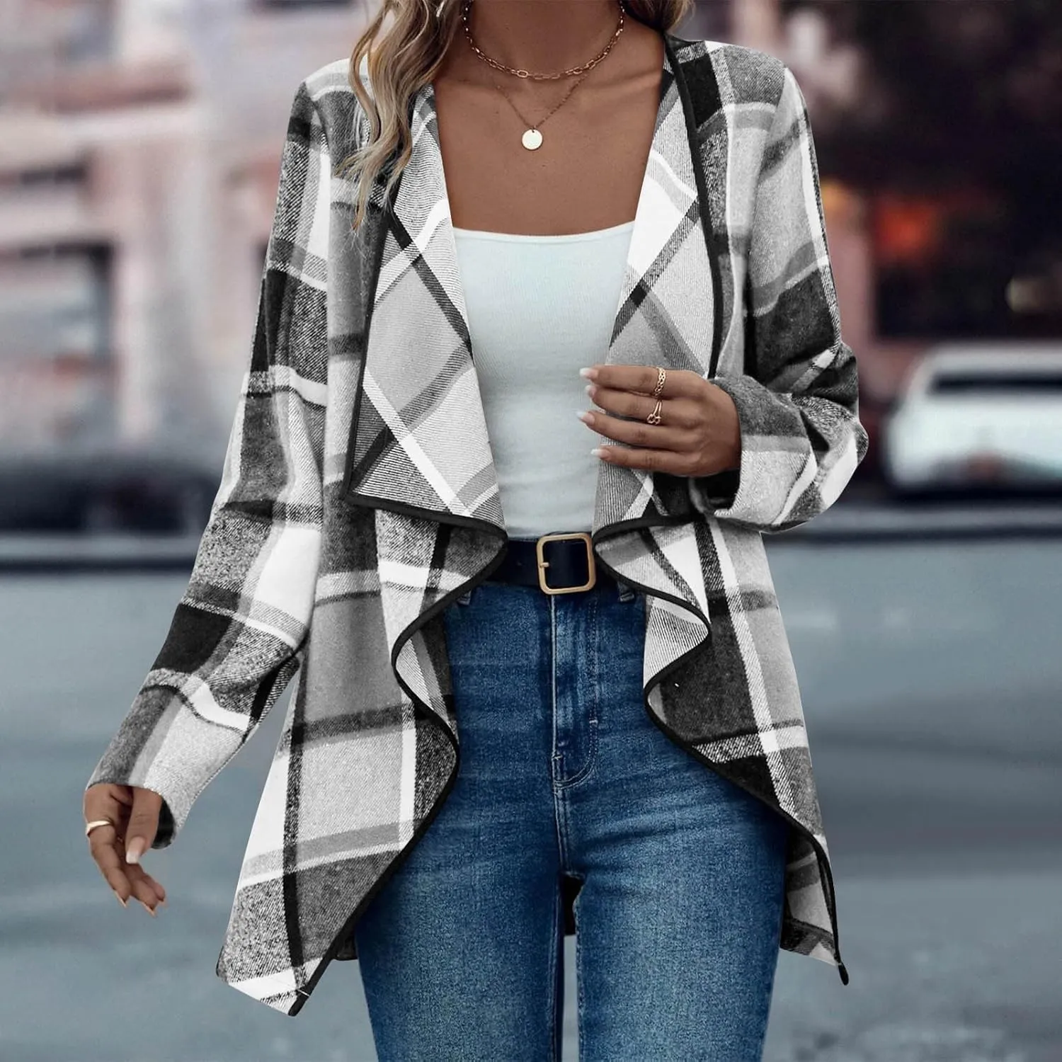 Womens Plaid Shawl Collar Cardigan Sweaters Long Open Front Flannel Jacket Buffalo Plaid Shacket Fashion Fall Outfits