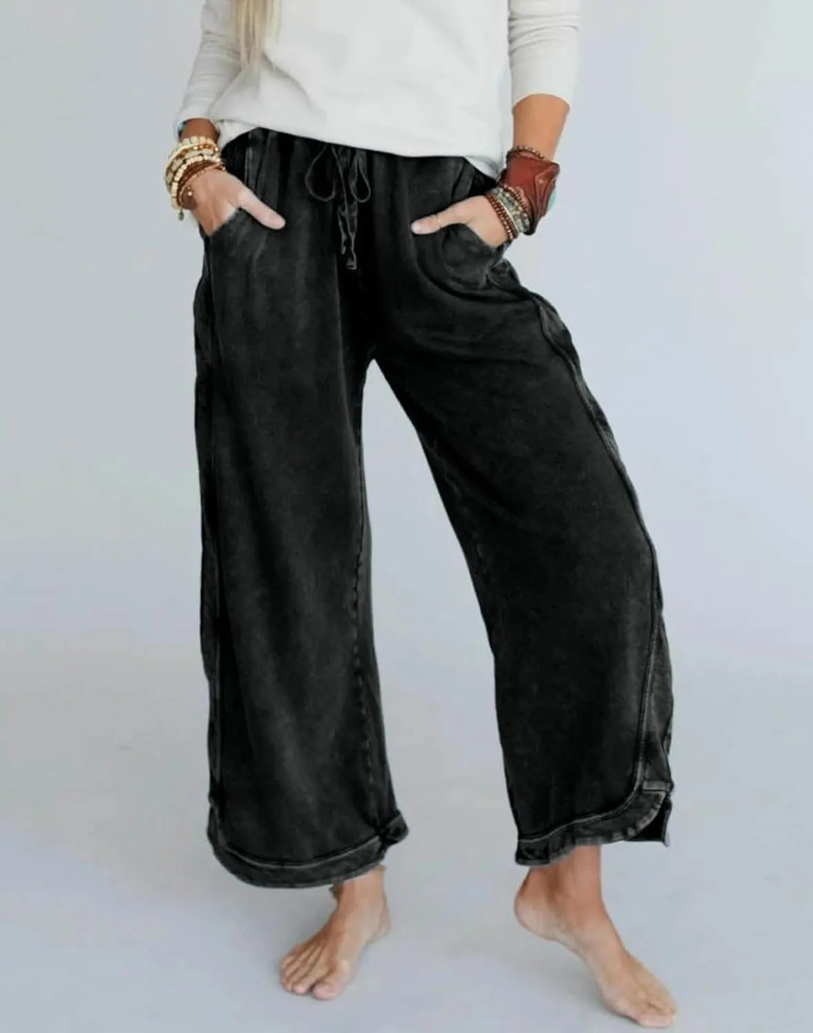 Womens Wide Leg Pants Casual High Waisted Palazzo Pants Lightweight Summer Flowy Beach Pants with Pockets