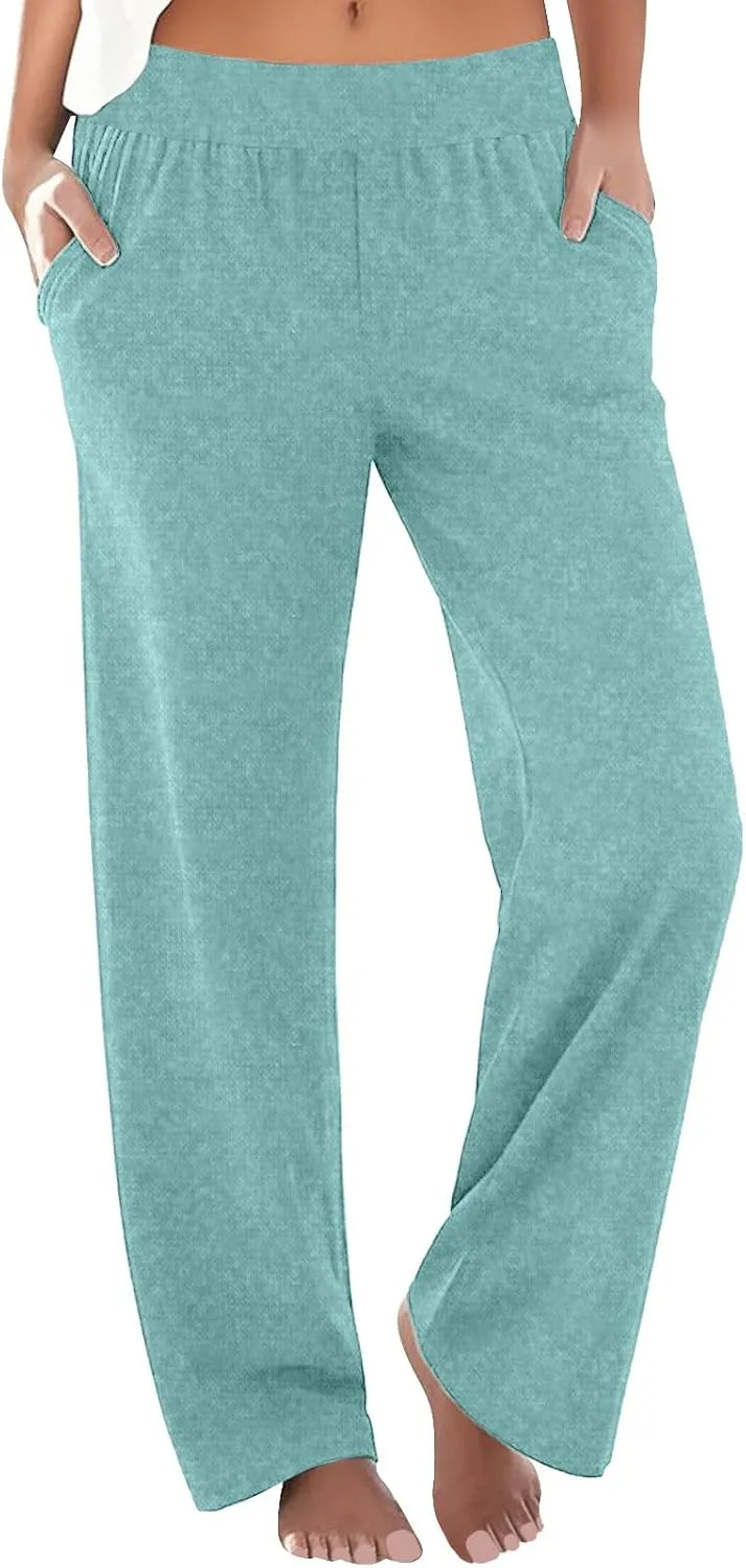 Xiaojmake Women's Wide Leg Striped Pajama Pants Casual Elastic Waist Linen Lounge Pants Stretch Loose Pajama Bottoms Trousers