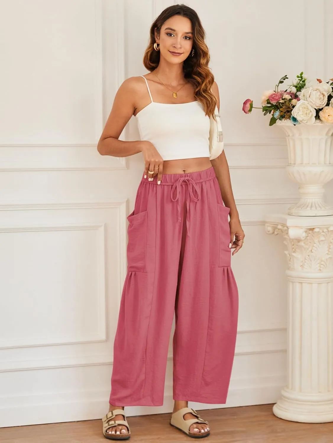 YKR Wide Leg Pants Woman Casual Loose Lightweigt Beach Palazzo Harem Pants Flowy Pants 2025