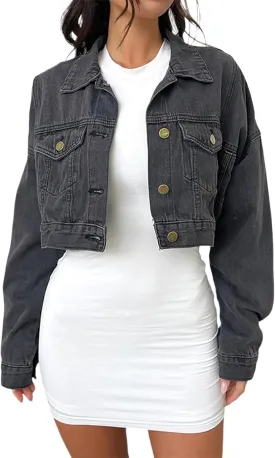 ZERMOM Women's Cropped Denim Jacket Button Down Long Sleeve Fitted Crop Top Jean Coat